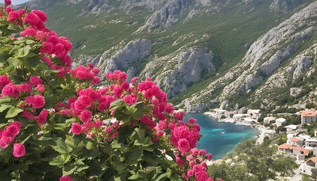 pink flowers on a green bush with a blue lake in the background