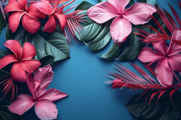 Pink Flowers and Green Leaves on a Blue Background
