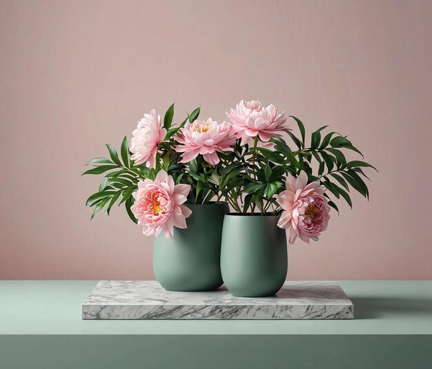 pink flowers in green pots on a marble table