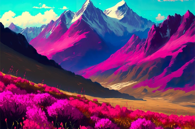 Pink flowers grow in the mountains beautiful landscape