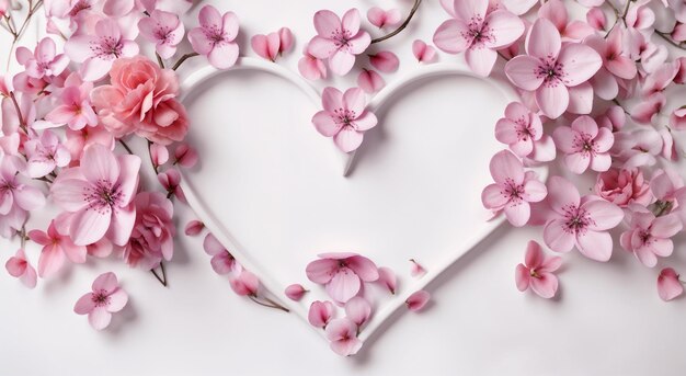 Foto fiori rosa a forma di cuore sulla luce sfondio con spazio di copia