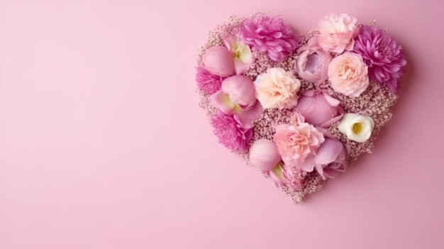 Pink flowers in a heart shape on a pink background