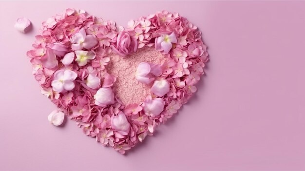 Pink flowers in a heart shape on a pink background