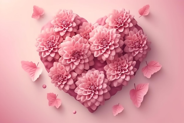 Pink flowers in a heart shape with butterflies on a pink background.