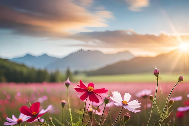 写真 山を背景にした野原のピンクの花