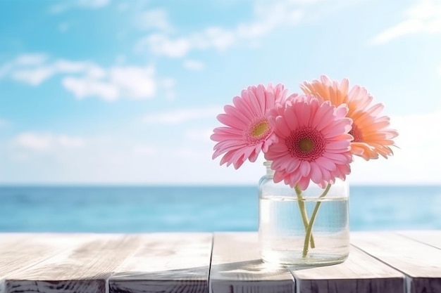 写真 窓の青い空の瓶の中のピンクの花