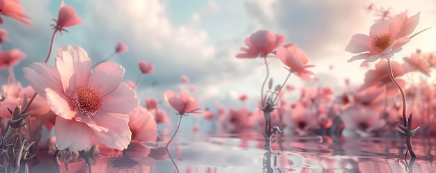 사진 초현실적인 3d 풍경에서 분홍색 꽃 부드럽고 꿈 같은 톤 동화