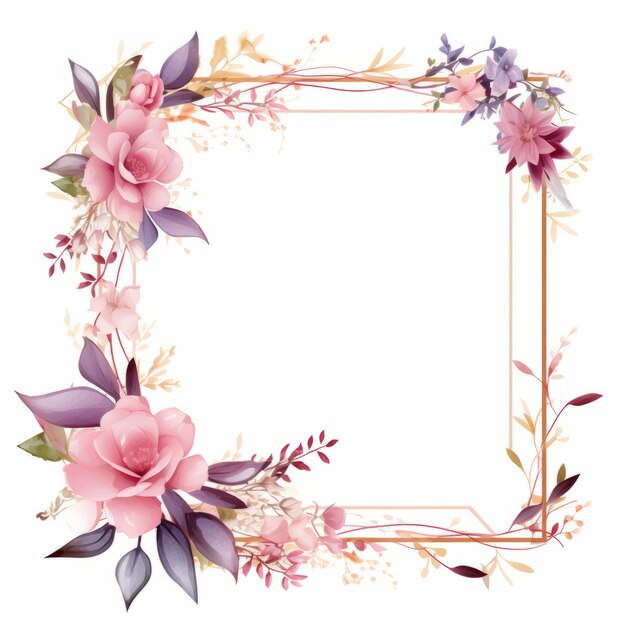 Photo pink flowers and leaves in a square frame on a white background