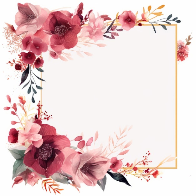 pink flowers and leaves in a square frame on a white background