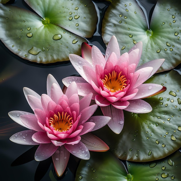 Photo a pink flowers on a lily pad