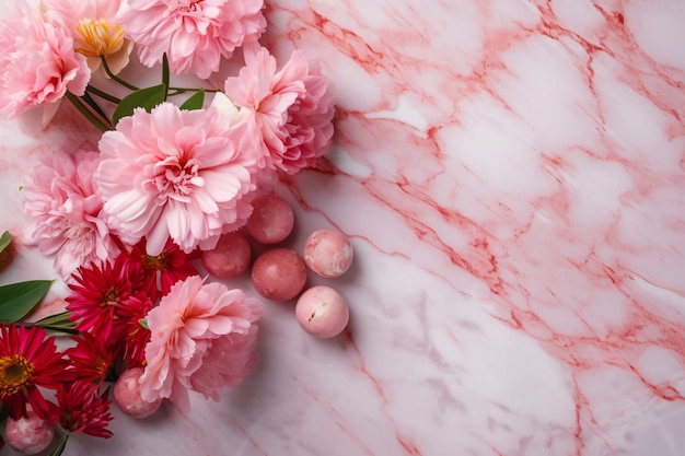 Photo pink flowers on a marble background with a pink and yellow flowers.