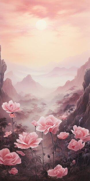 Pink Flowers Over Mountain A Romantic Illustration Inspired By Ancient Chinese Art