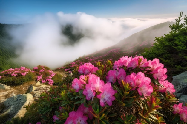 背景に山がある山頂のピンクの花