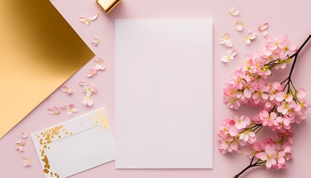 Pink flowers on a pink background with a letter and a gold envelope