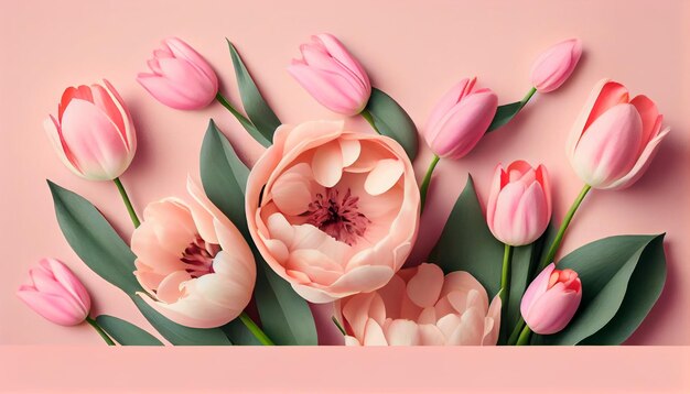 Pink flowers on a pink background with a red bow