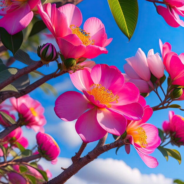 Pink flowers of pink tecoma or rosy trumpet tree tabebuia rosea on tree branch against light blue