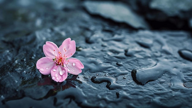 写真 黒い湿った石の表面に置かれたピンクの花