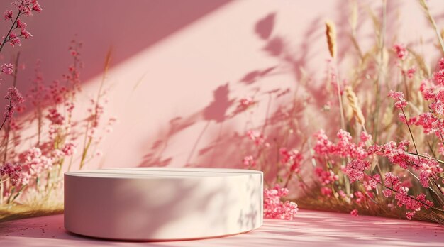 Pink flowers and podium with shadows on pastel background