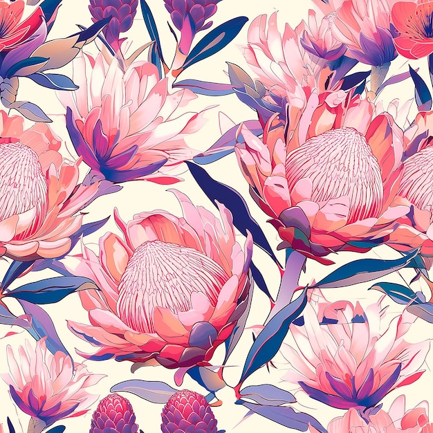 Pink flowers and protea buds Blue leaves pink and red flowers dark green seamless pattern