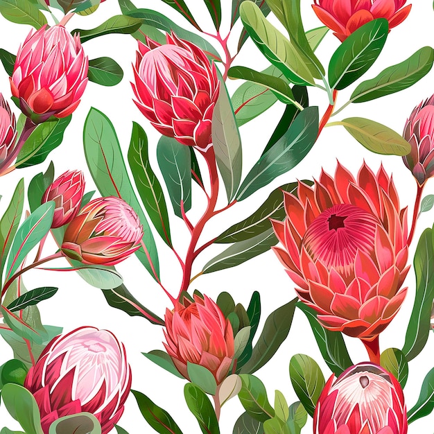 Photo pink flowers and protea buds green leaves pink and red flowers dark green seamless pattern