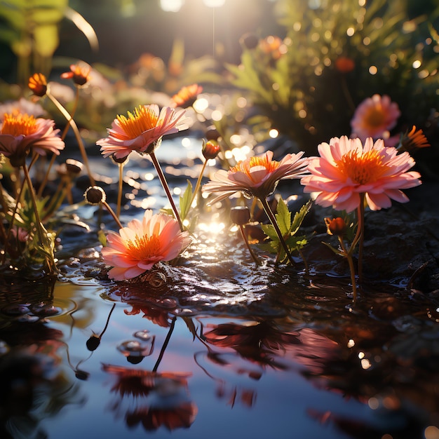 Foto fiori rosa in una pozzanghera con il sole che splende attraverso di loro