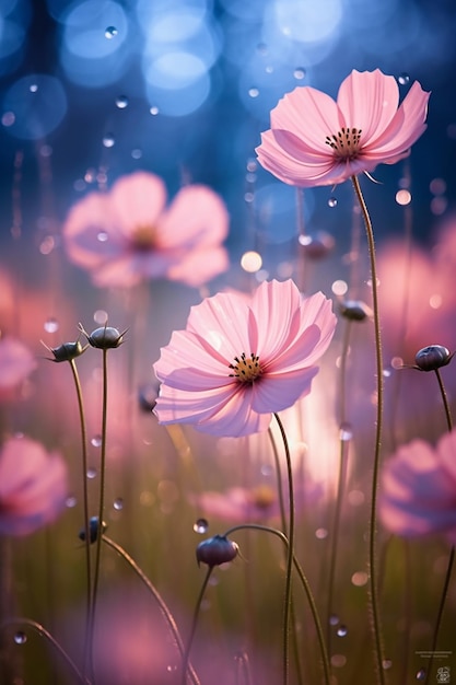 Pink flowers in the rain