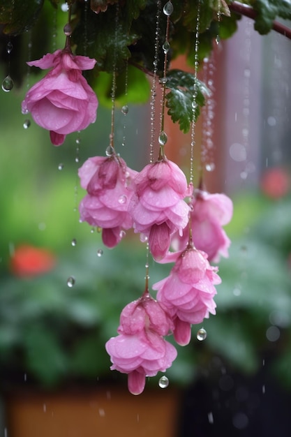 Pink flowers in the rain