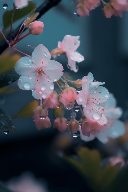 Pink flowers in the rain