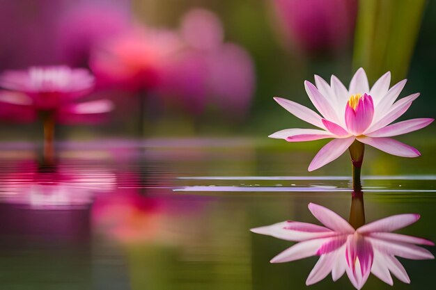 Foto fiori rosa riflessi in uno stagno con il riflesso dei fiori nell'acqua.