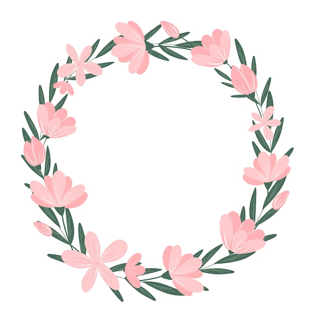 Pink flowers round wreath isolated on white background Cute botanical frame