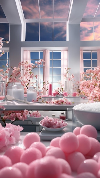 욕조에 핑크 꽃