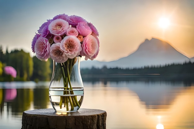 Pink flowers in a vase on a table with a mountain view