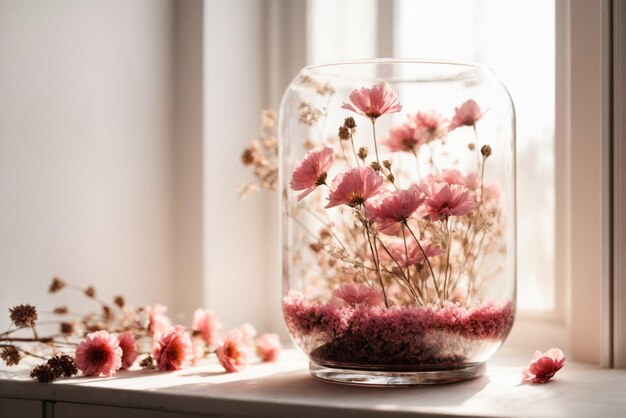 明るい背景の白いテーブルの上に花瓶にピンクの花が ⁇ いています