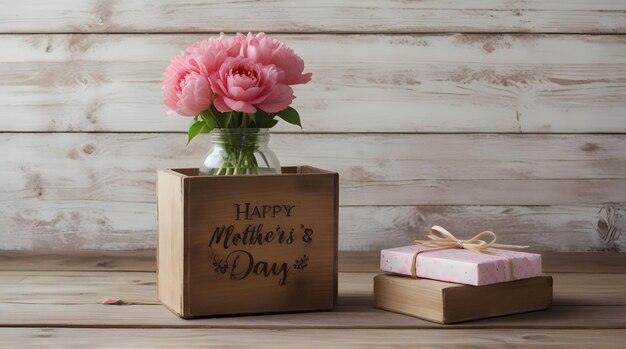 pink flowers in a vase on a wooden box