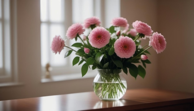 Photo pink flowers in vase on wooden table