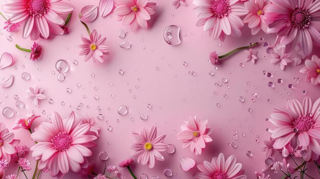 Pink flowers and water droplets on a pink background