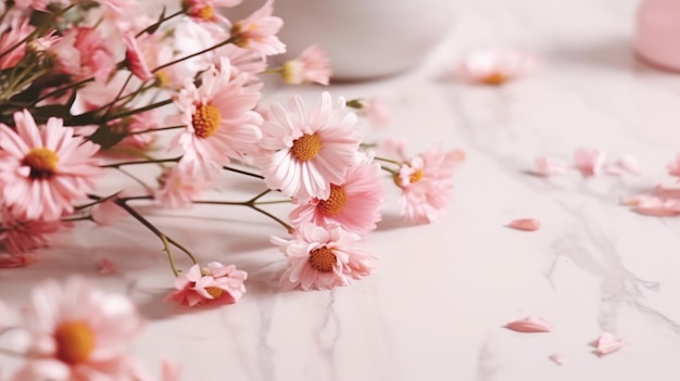 Pink flowers on a white marble background