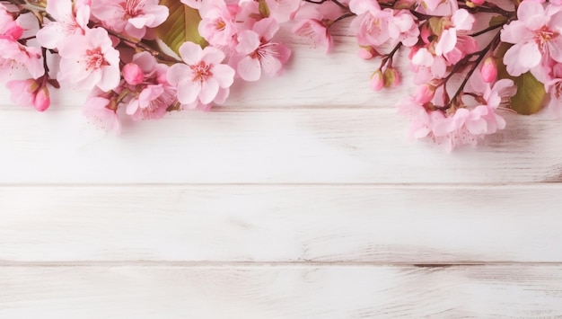 Pink flowers on a white wooden background