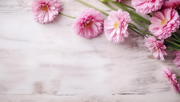 Розовые цветы на белом деревянном столе