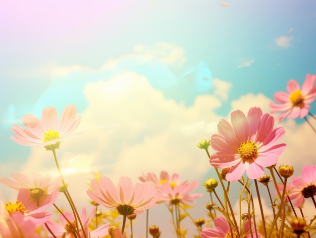 pink flowers with clouds sky and sun background