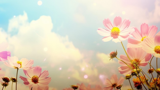 pink flowers with clouds sky and sun background