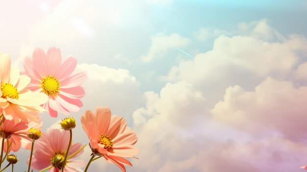 pink flowers with clouds sky and sun background