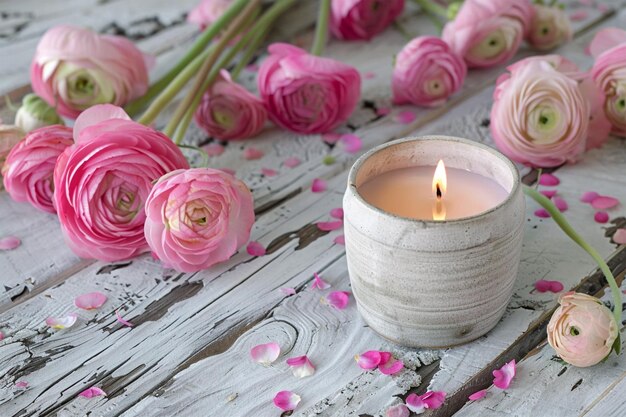 Foto fiori rosa con candele accese su un tavolo di legno bianco in stile scandinavo