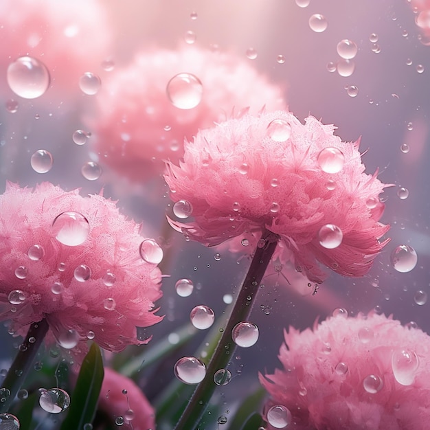 Розовые цветы с каплями дождя на вершине