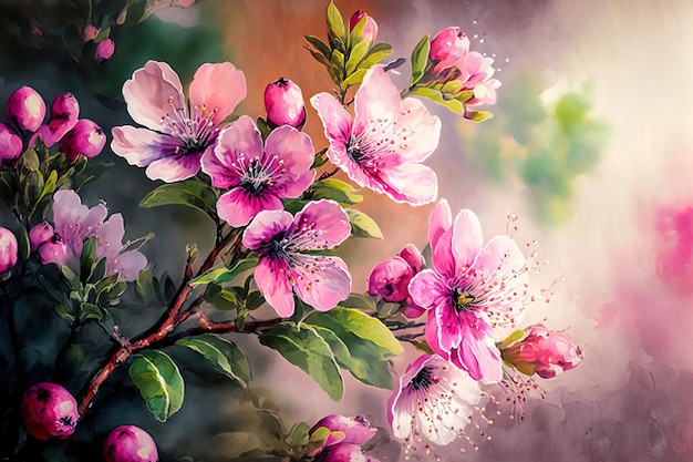 Pink flowers with a springtime floral backdrop