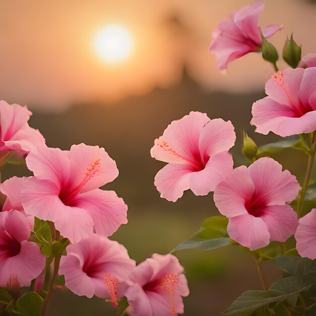 Photo pink flowers with the sun setting behind them