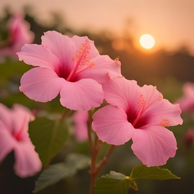 pink flowers with the sun setting behind them