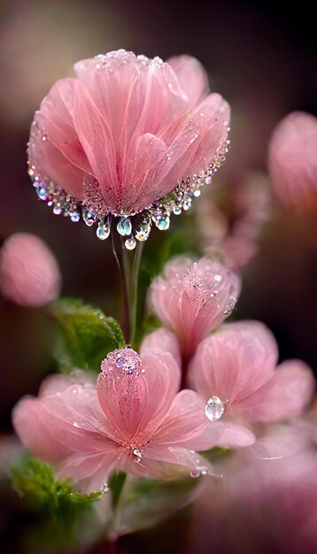 Pink flowers with water droplets on them are surrounded by generative ai