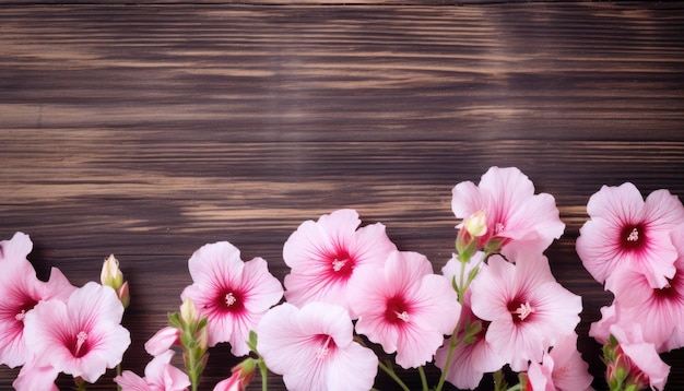 Pink flowers on wooden background Top view with copy space for your text