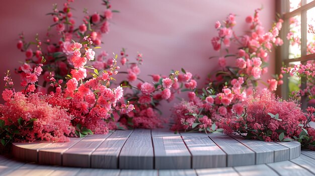 Photo pink flowers on wooden platform